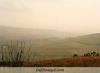 Misty Fields On Donegal Hills In Ireland, Seen From Grianan Of Aileach, Inishowen